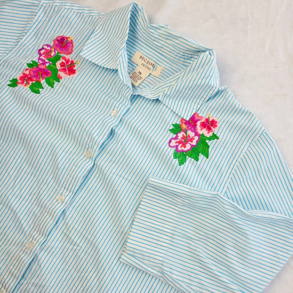 Bechamel Petite Blouse Button Up Medium Blue Stripe Flamingo Embroidery Tropical - Picture 8 of 11